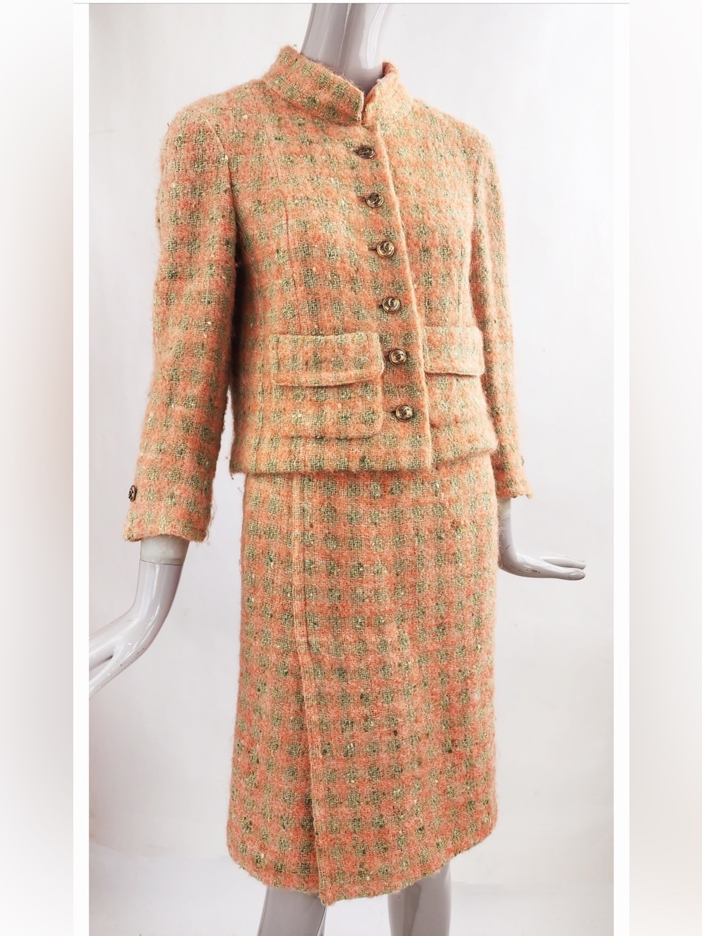 B. Altman & Co Salmon & Green Tweed Suit, blazer skirt ca. 1966 - Picture 4 of 14